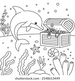 Cute Dolphin and a Treasure Chest Coloring Page for Kids. Funny animal outline illustration