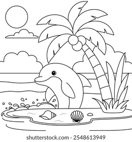 Cute Dolphin Under a Palm Tree Coloring Page for Kids. Funny animal outline illustration