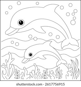 Cute dolphin under water coloring page for kids
