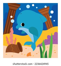 Cute dolphin and underwater city background. Cartoon vector illustration for children