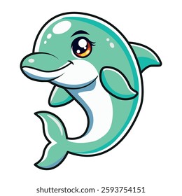 Cute Dolphin Vector Illustration - Cartoon Style, Playful Clipart, Line Art Design of a Happy Dolphin Jumping in Ocean Waves, Perfect for Kids Projects, Marine Themes, and Summer Designs