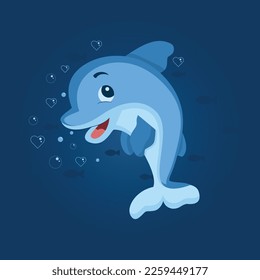 Cute dolphin Vector illustration of sea animals on a blue background with bubbles and hearts.