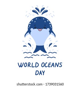 Delfín, onda, salpicadura. Inscripción en el Día Mundial de los Océanos. Letras escritas a mano. Ilustración del vector