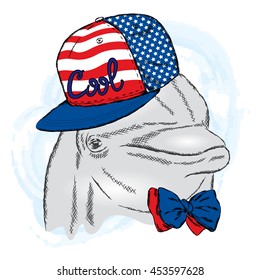 Cute dolphin wearing a cap and tie. Vector illustration for greeting card, poster, or print on clothes.