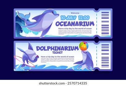 Cute dolphinarium ticket design with playful dolphin characters performing tricks - swimming, jumping through ring, balancing beach ball. Marine entertainment admission pass template for aquatic show.