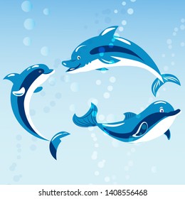 Cute dolphins aquatic marine nature ocean blue mammal sea water wildlife animal vector illustration. Swimming fish underwater beautiful tropical flipper dolphins.