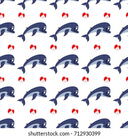 Cute dolphins with ball seamless pattern - sealife seamless texture. Vector illustration