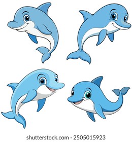 Cute dolphins cartoon bundle on white background, Isolated premium vector, Animal illustration design for kids