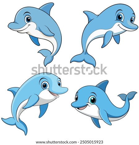 Cute dolphins cartoon bundle on white background, Isolated premium vector, Animal illustration design for kids