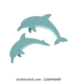 Cute dolphins in flat style isolated on white background. Cartoon sea predator vector illustration. Cartoon ocean fish character