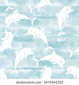 Cute dolphins on a blue watercolor background. Hand drawn seamless vector pattern. Perfect for wallpaper, wrapping, fabric and textile. 