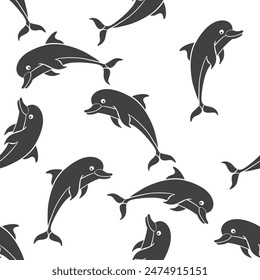 Cute dolphins on white background. Hand drawn seamless vector pattern. Black and white. Perfect for wallpaper, wrapping, fabric,  print and textile. 