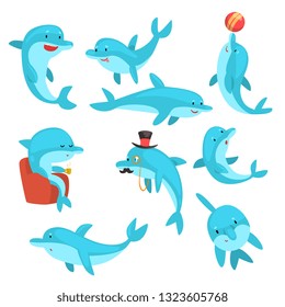 Cute Dolphins Set, Cartoon Sea Animal Characters Swimming, Jumping, Playing Vector Illustration