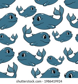 Cute dolphins. Underwater world. Children's seamless pattern. Vector illustration. Suitable for fabrics, for children's albums, postcards