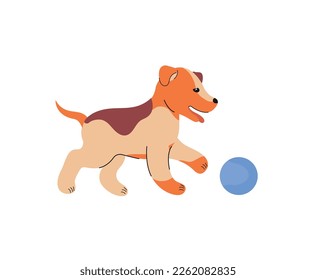 Cute domestic animal. Sticker with active positive teenage dog playing with blue ball. Kind puppy having fun and running. Beautiful pet. Cartoon flat vector illustration isolated on white background