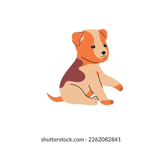 Cute domestic animal. Sticker with beautiful baby puppy with bright spotted orange fur. Little dog child sits and plays. Adorable pet. Cartoon flat vector illustration isolated on white background