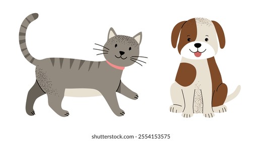 Cute domestic animals set. Cat and dog. Flat set of home animals, pets.