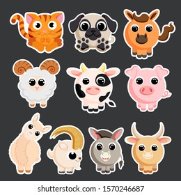 cute domestic animals set sticker template in flat vector style