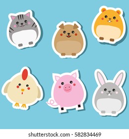 Cute domestic animals. Stickers set. Children style, isolated design elements, vector illustration. Cat, rabbit, puppy, pig, hamster. Isolated design elements for kids books