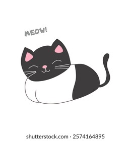 Cute domestic cat in flat design. Happy feline pet sitting and saying meow. Vector illustration isolated.