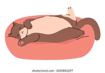 Cute domestic cat sleeping on a bed. Flat vector illustration.