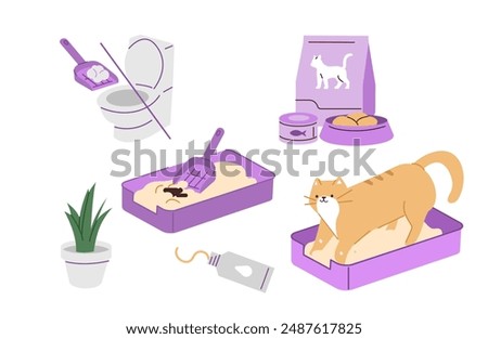 
Cute domestic cat using litter box set. How to clean and disposal pet toilet waste concept. Vector illustration.
