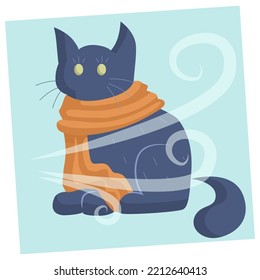 Cute domestic cat in warm scarf in the cold autumn weather. Seasonal decorative art for children books, website decorations etc.