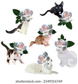 Cute domestic cats in funny hats made of white rose flower isolated on white background in vector. Seamless print for fabric, wallpaper with symbols of the Chinese year of the cat, 2023.