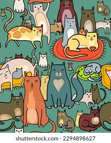Cute domestic cats and kittens of multicolored color. Vector pattern for printing on fabric, festive packaging and fashionable interior