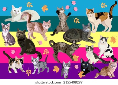 Cute domestic cats and kittens on a bright striped background in vector. Beautiful seamless animal print for fabric.