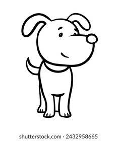 Cute domestic dog. Friendly funny pet. Face puppy animal. Cartoon vector black and white illustration. Hand drawn sketch outline