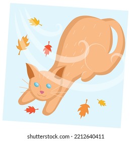 Cute domestic ginger cat in the cold autumn weather, playing with leaves. Seasonal decorative art for children books, website decorations etc.