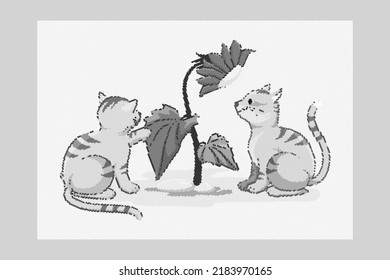 Cute domestic kittens are playing with a flower, Halftones effects, Black and white vector cartoon	
