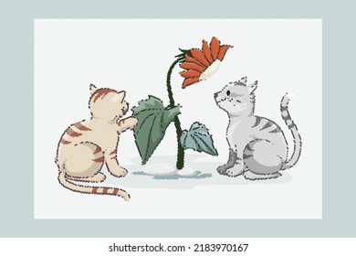 Cute domestic kittens are playing with a flower, Halftones effects, colorful cartoon vector	