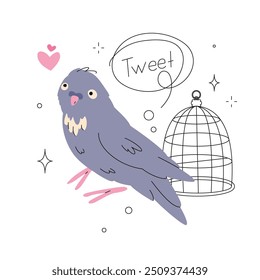 cute domestic parrot with speech bubble. vector illustration of home bird. pet shop. bird cage. editable stroke