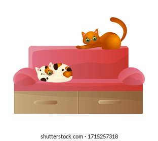 Cute domestic two cats resting on the soft red sofa with the pillow. Vector illustration in flat cartoon style.