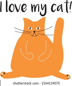 Cute domestic typography print with fat orange cat and fish. Doodle style elements, hand drawing illustration. Fat pet animal . Scandinavian style drawing. Isolated cartoon character