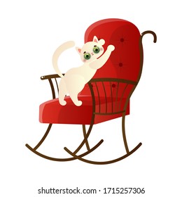 Cute domestic white cat character tears claws on the soft red rocking chair. Vector illustration in flat cartoon style