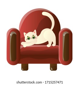 Cute domestic white cat character tears claws on the soft red armchair. Vector illustration in flat cartoon style