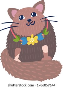 Cute domestic woolly pleased cat character resting in spring flower necklace isolated on white, flat vector illustration. Home pet fluffy feline, concept springtime blossom floret mood.