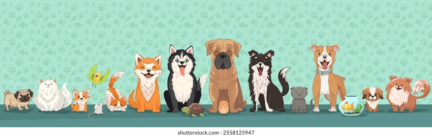 Cute domestical animals together.  Many pets breeds, horizontal banner with cats, dogs, hamster, parrot, aquarium fish. Vector design with footprint pattern background, copy space for headline title.