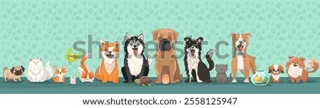 Cute domestical animals together.  Many pets breeds, horizontal banner with cats, dogs, hamster, parrot, aquarium fish. Vector design with footprint pattern background, copy space for headline title.