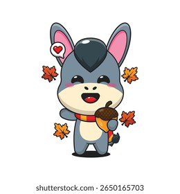 Cute donkey with acorns at autumn season in autumn day cartoon vector illustration