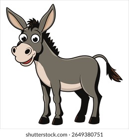 Cute donkey animal vector on white. Playful equine illustration for farm and children's storybook themes.