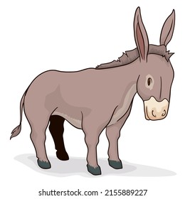 Cute Donkey Or Ass With Long Ears, Tail, Hoofed Legs And Brown Fur. Design In Cartoon Style Over White Background.