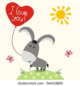 Cute donkey with balloon-heart. I love you! Valentine's day card.