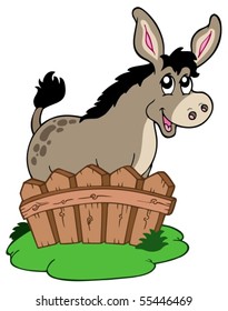 Cute donkey behind fence - vector illustration.