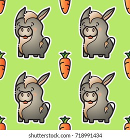 Cute donkey and carrot. Vector colorful animal and vegetable isolated on green background.  Seamless pattern. Farm animals in cartoon style. Funny donkeys.