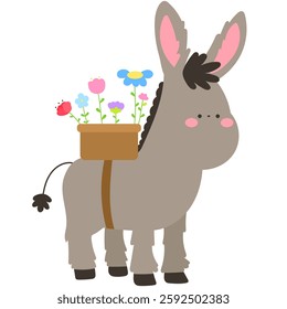 cute donkey carrying a basket of flowers on its back, charming farm animal flat vector illustration