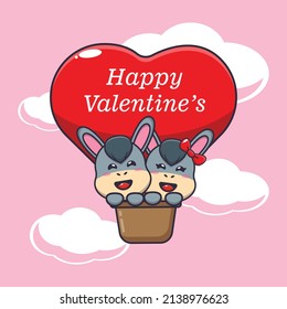 cute donkey cartoon character fly with air balloon in valentines day